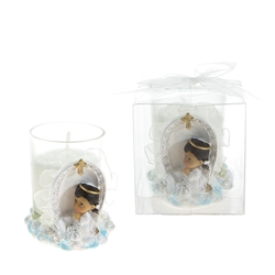 Mega Favors - Ethnic Baby Angel Praying on Clouds Poly Resin Candle Set in Clear Box - Pink