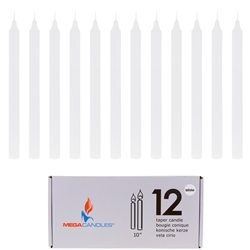 Mega Candles - 12 pcs 10" Unscented Straight Taper Candle in White Box - White