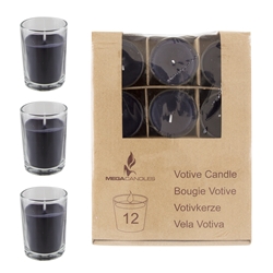 Mega Candles - 12 pcs Unscented Poured Votive Glass Container Candle in Box - Black