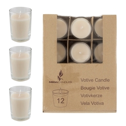 Mega Candles - 12 pcs Unscented Poured Votive Glass Container Candle in Box - Ivory