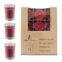 Mega Candles - 12 pcs Unscented Poured Votive Glass Container Candle in Box - Red