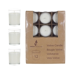 Mega Candles - 12 pcs Unscented Poured Votive Glass Container Candle in Box - White
