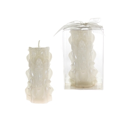 Mega Candles- Lady Guadalupe on Carved Pillar Candle in Clear Box - White
