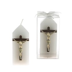 Mega Candles - Jesus on Cross Pointed Top Square Pillar Candle in Gift Box - Gold