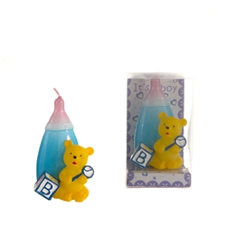 Mega Candles - Teddy Bear in Front of Baby Bottle Candle in Clear Box - Blue