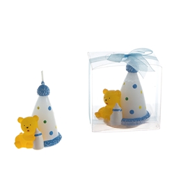 Mega Candles - Teddy Bear with Birthday Cone Candle in Clear Box - Blue