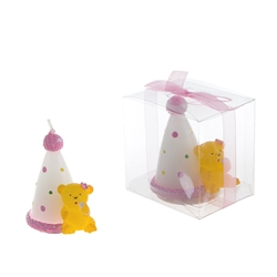 Mega Candles - Teddy Bear with Birthday Cone Candle in Clear Box - Pink