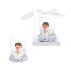 Mega Favors - Baby Toddler Praying with Cross Poly Resin Candle Set in Gift Box - Blue