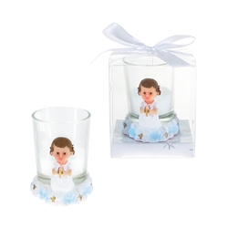 Mega Favors - Baby Toddler Praying with Cross Poly Resin Candle Set in Gift Box - Pink