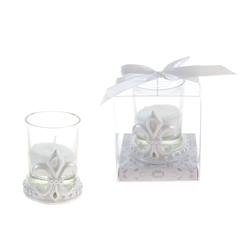 Mega Favors - Fleur De Lis Poly Resin Candle Set in Gift Box - White