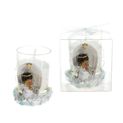 Mega Favors - Ethnic Baby Angel Praying on Clouds Poly Resin Candle Set in Clear Box - Blue