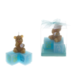 Mega Favors - Teddy Bear with Pacifier on Blocks Candle in Clear Box - Blue