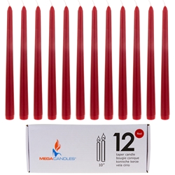 Mega Candles - 12 pcs 10" Unscented Taper Candle in White Box - Red