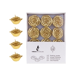 Mega Candles - 12 pcs 1.5" Unscented Floating Flower Candle in White Box - Gold