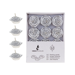 Mega Candles - 12 pcs 1.5" Unscented Floating Flower Candle in White Box - Silver