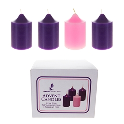 Mega Candles - 4 pcs 2” x 3” Unscented Advent Dome Top Pillar Candle - Asst